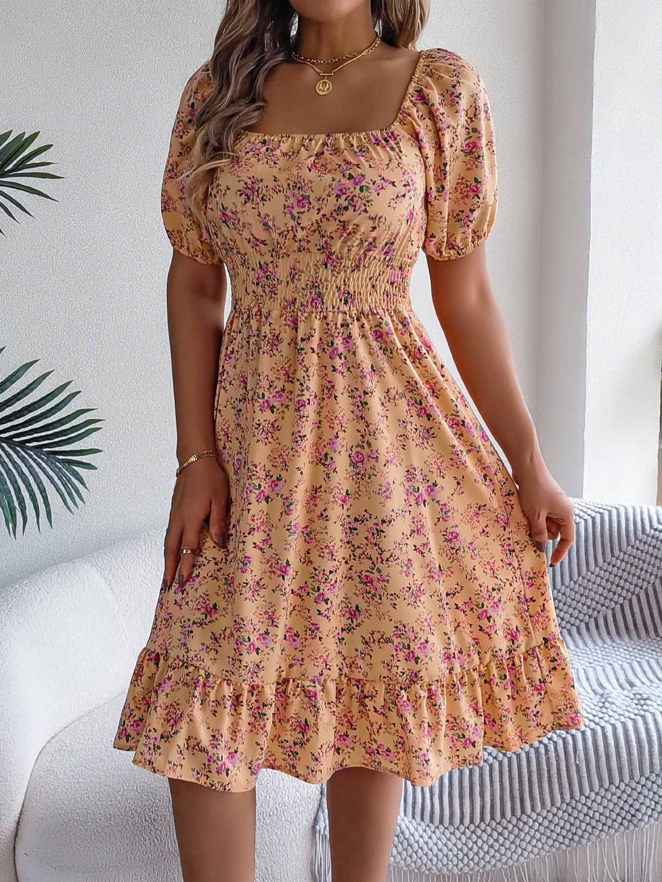 Floral Print Square Collar Dress Summer Fashion Ruffles Dresses Women's Clothing