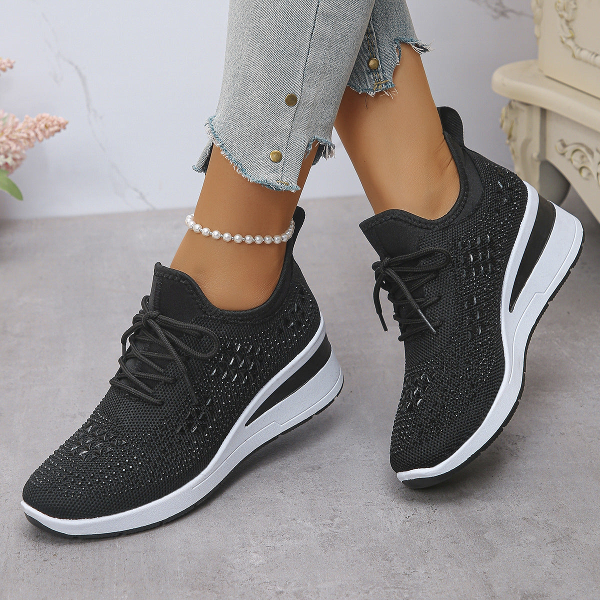 Ins Rhinestone Sneakers Fashion Lace Up Wedges Casual Shoes Women's Daily Commuting Sports Shoes
