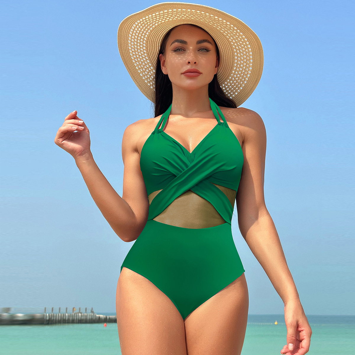 Halter-neck One-piece Swimsuit Summer Solid Color Cross-strap Design Mesh Bikini Beach Vacation Womens Clothing