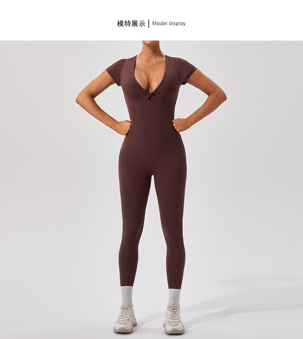 European And American Sexy Nude Feel Short Sleeve Yoga Jumpsuit