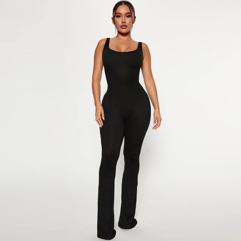 Women's Solid Color Slim Fit Backless Sleeveless Shoulder Strap Jumpsuit