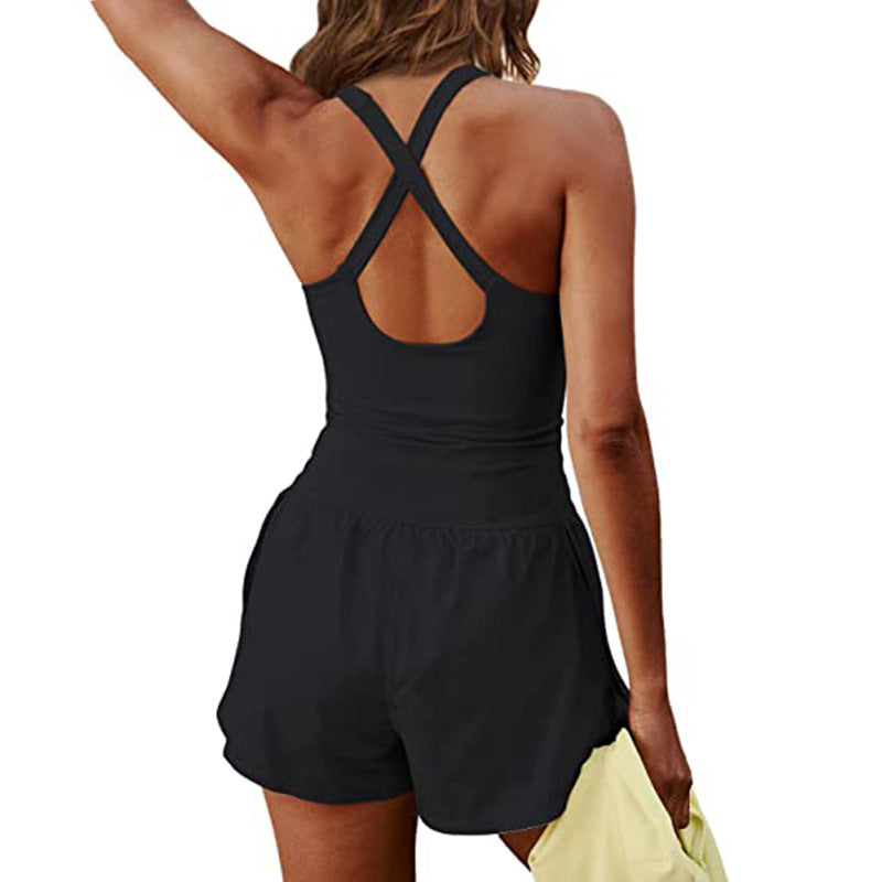 Women's Fashionable Elegant Yoga Shorts Hollow Cross Back Loose Comfortable Workout Clothes Vest Jumpsuit