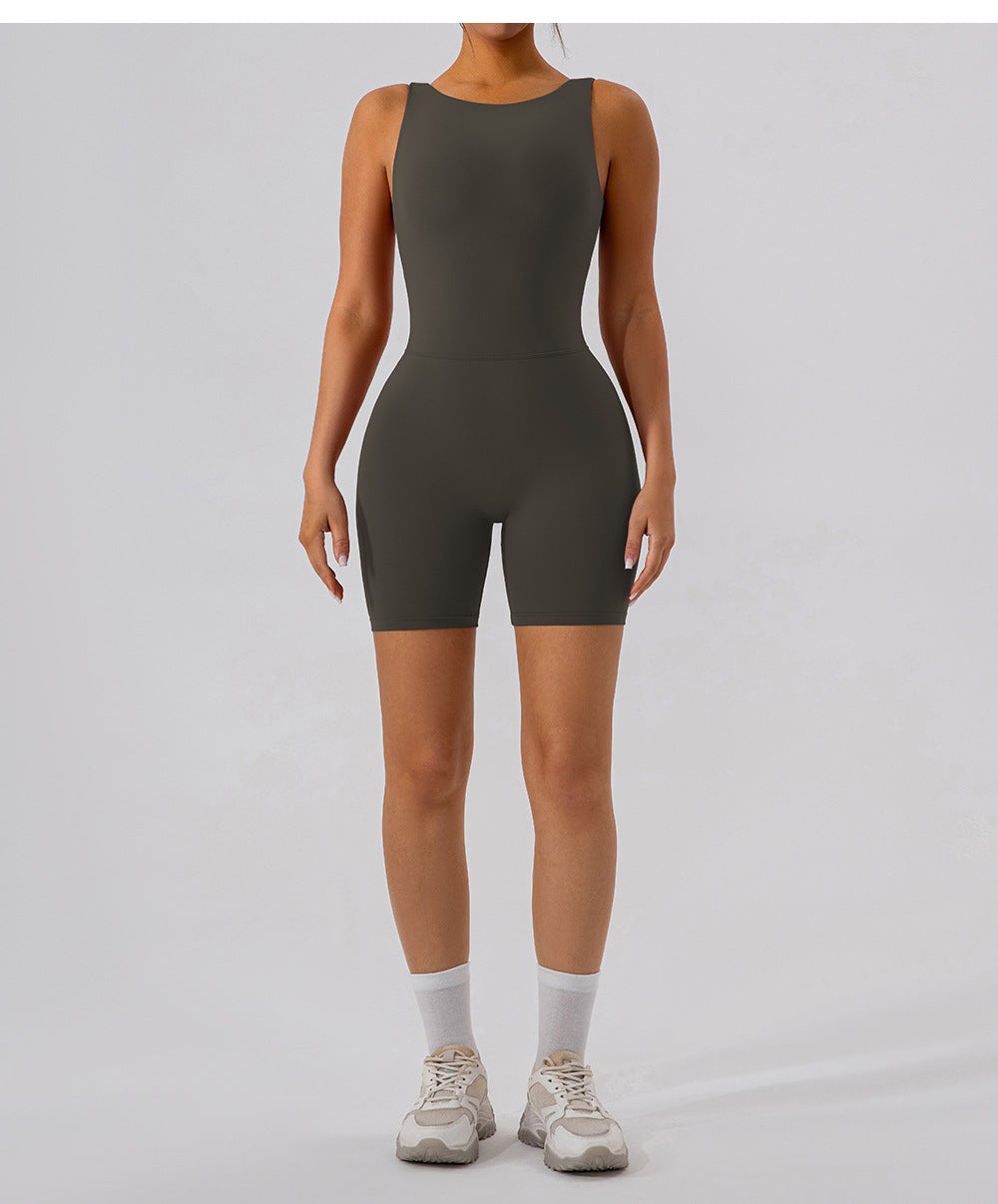 Nude Feel Hollow-out Beauty Back Yoga Jumpsuit Shorts For Women