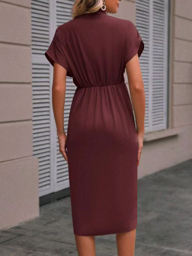 Summer Batwing Sleeve Dress Fashion V-neck Short Sleeve Pleated Dresses Womens Clothing