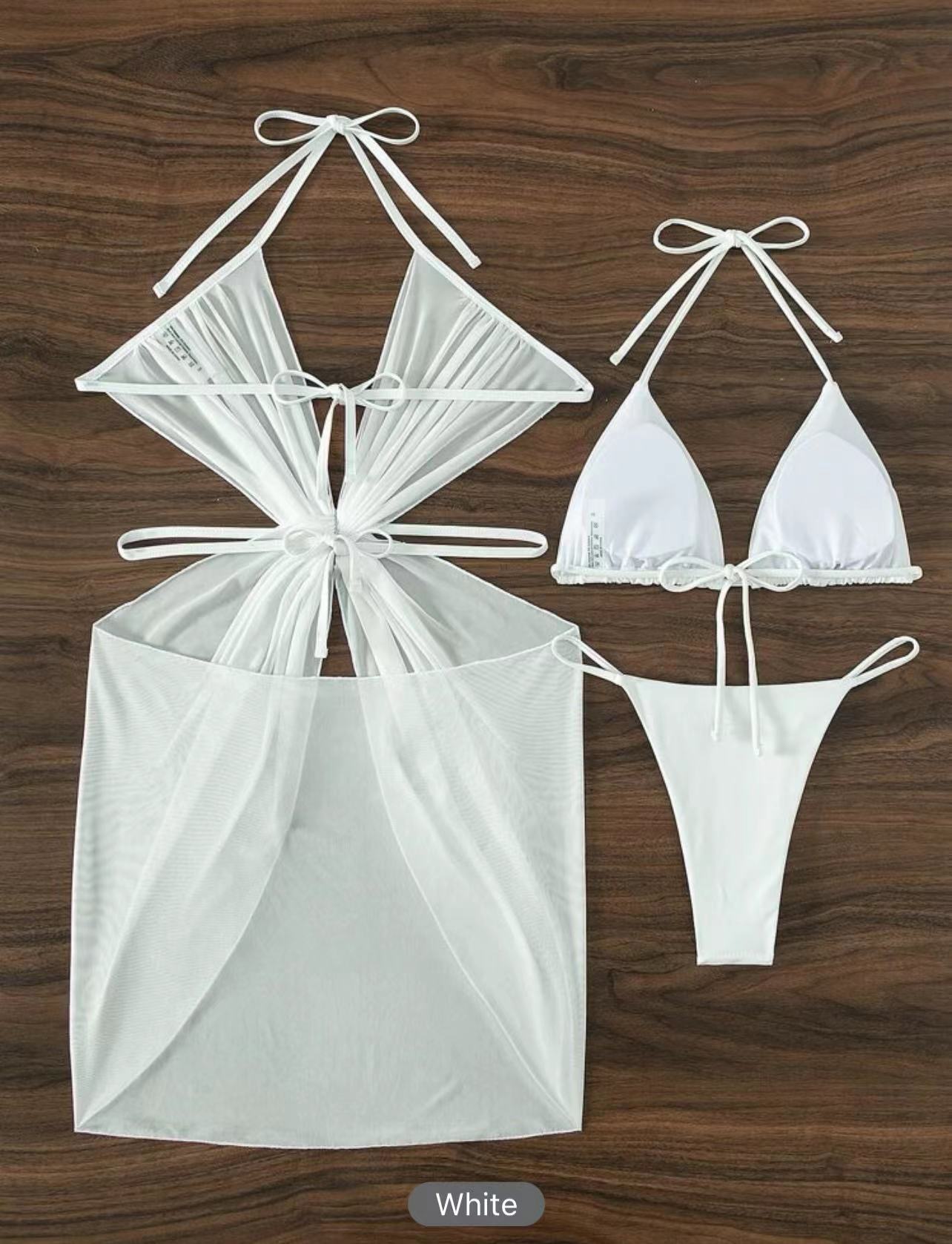 3pcs Halter Neck Bikini Beach Summer Solid Color Split Swimsuit Womens Clothing
