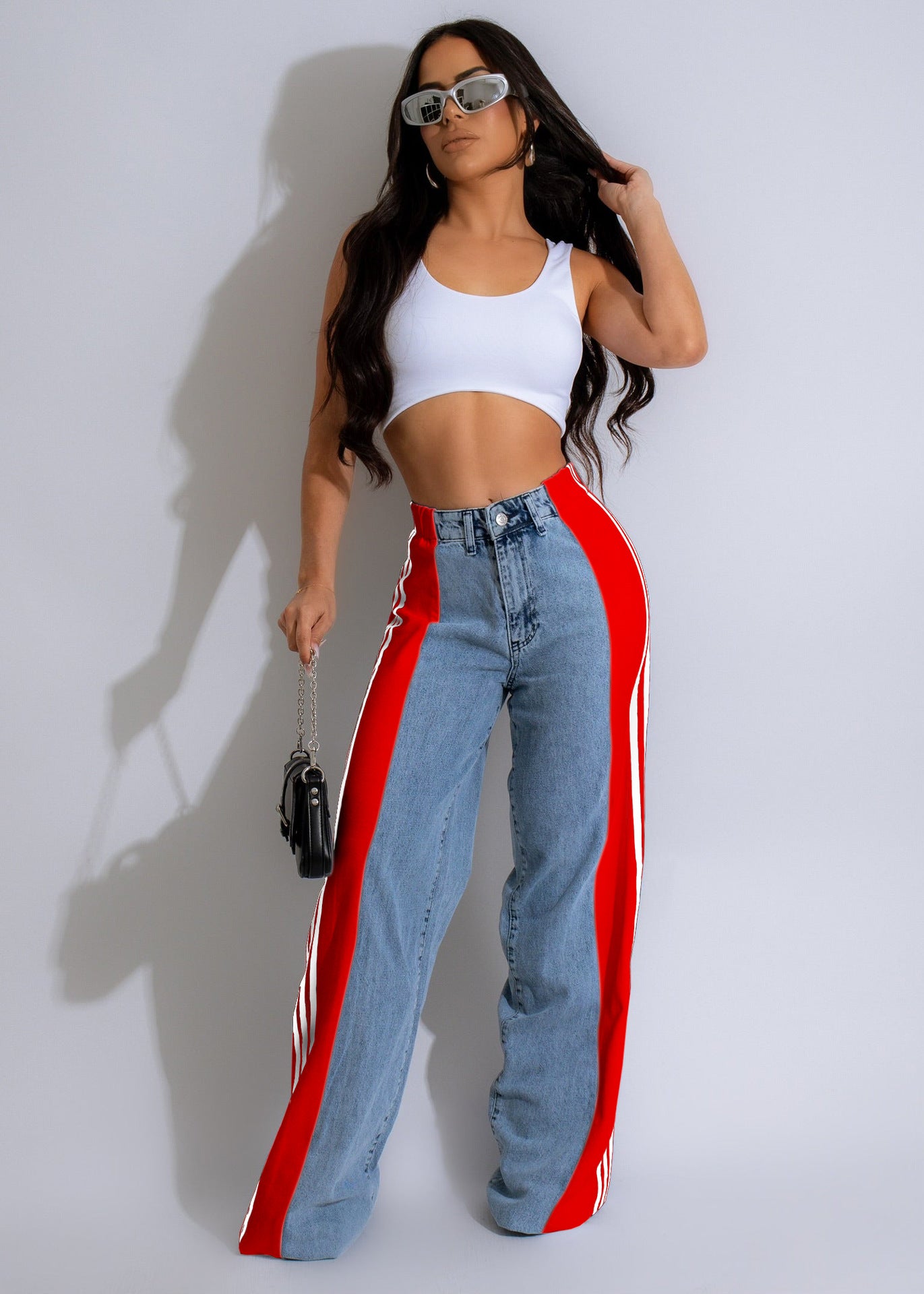Fashion Casual High Waist Elastic Straight Leg Trousers Three Stripe Patchwork Denim Wide Leg Pants Streetwear