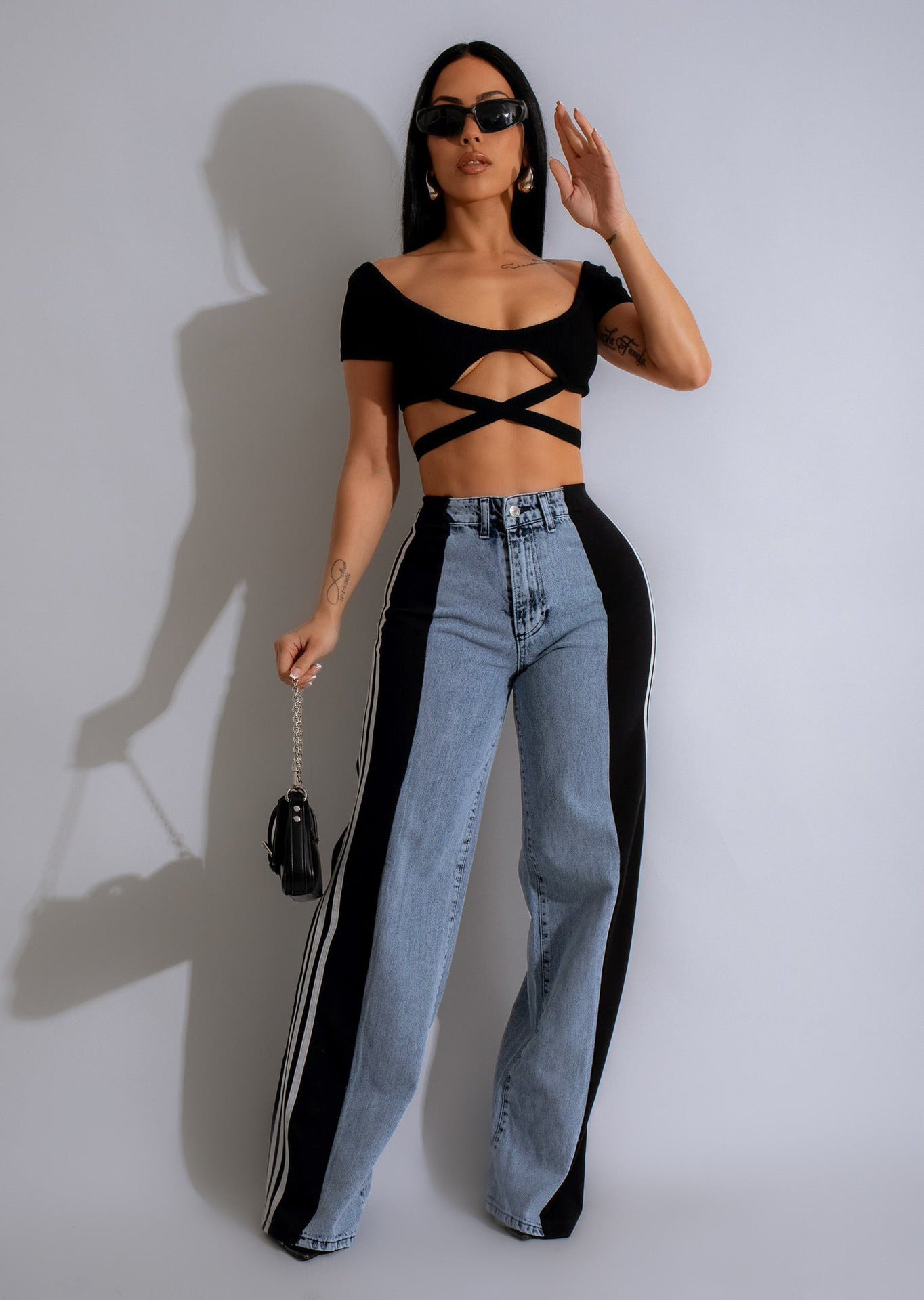Fashion Casual High Waist Elastic Straight Leg Trousers Three Stripe Patchwork Denim Wide Leg Pants Streetwear