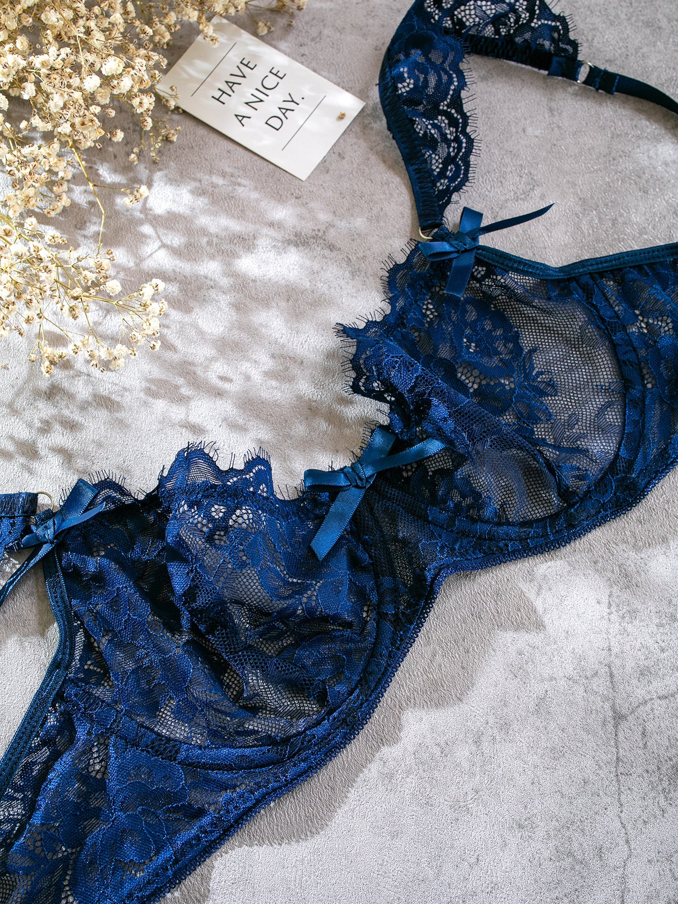 Lace Ruffle-Cuffed Sleeve Bow-Trim Sexy Lingerie Set For Women
