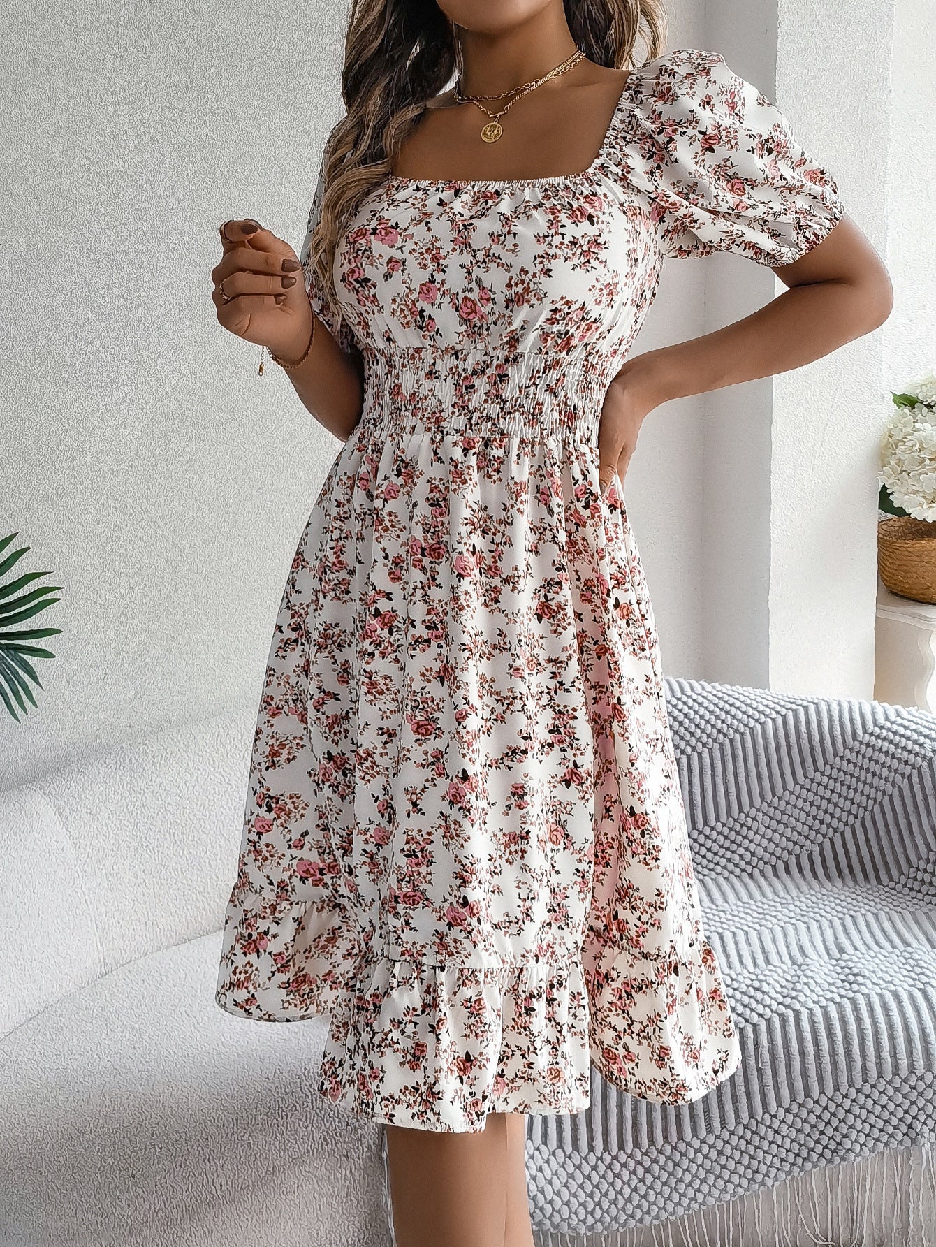 Floral Print Square Collar Dress Summer Fashion Ruffles Dresses Women's Clothing