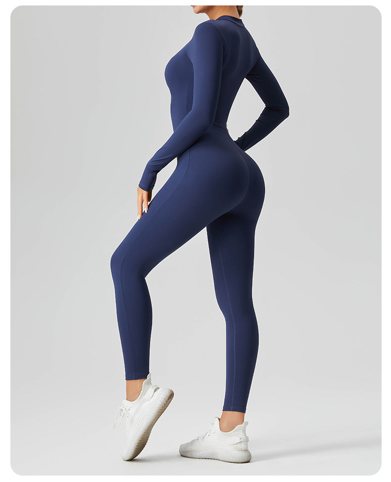 Women's Solid Color Casual Half Long-sleeve Zipper Jumpsuit