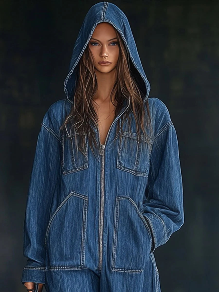 European And American Hooded Overall Jeans Women