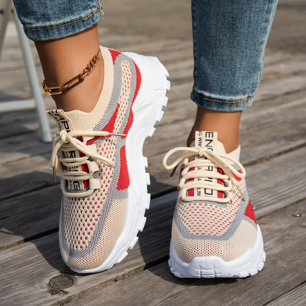 Flyknit Mesh Shoes Women's Breathable Lace-up Sneakers Walking Running Casual Shoes