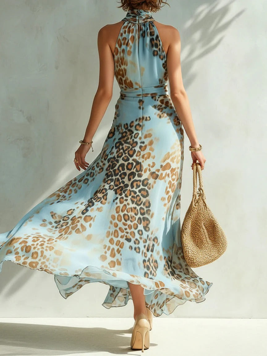 Leopard-print Sleeveless Maxi Dress Halter-neck Printed Gown