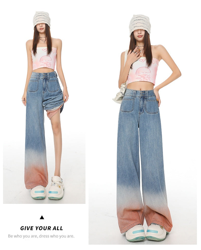 Gradient Color High Waist Wide Leg Jeans For Women Loose-fitting Mopping Pants