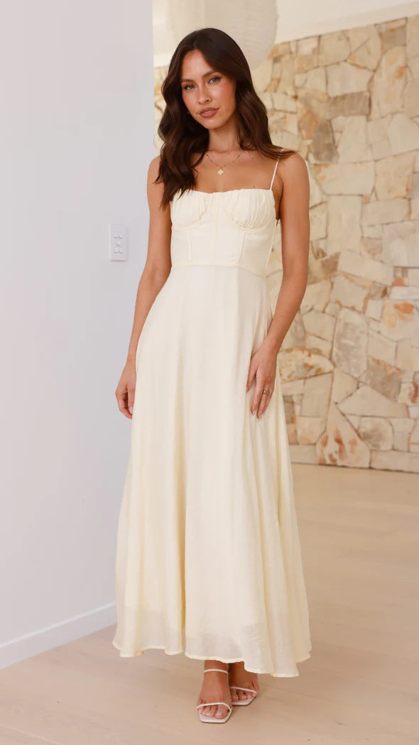 Strap-printed Backless Dress With A Slit At The Hem