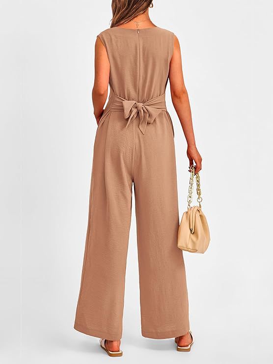 New V-neck Sleeveless Long Jumpsuit With Pockets And Lace-up Design Wide-leg Straight Trousers Summer Womens Clothing