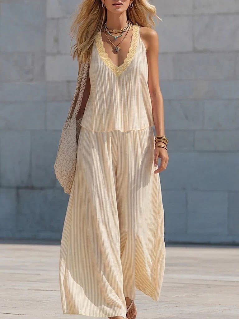 Lace V-neck Pleated Striped Loose-fitting Slimming Wide-leg Pants Set