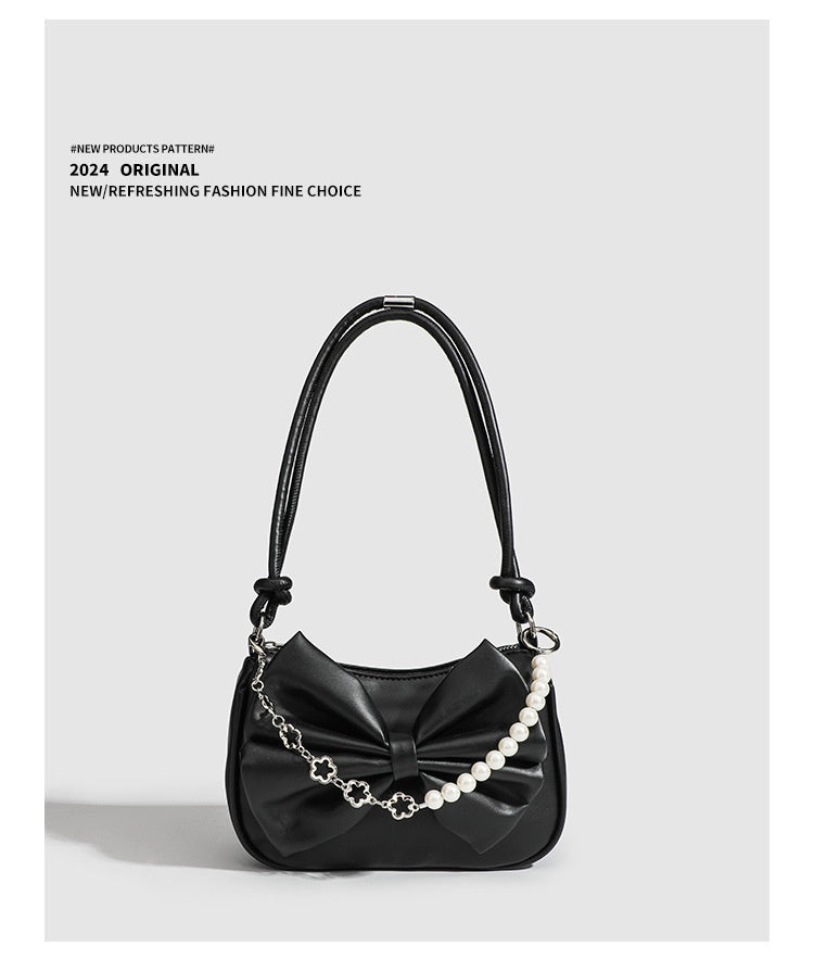 Black White PU Bow Handbags Autumn Winter Ladies Underarm Tote Bags Fashion Simple Pearl Chain Shoulder Bag Small Purse