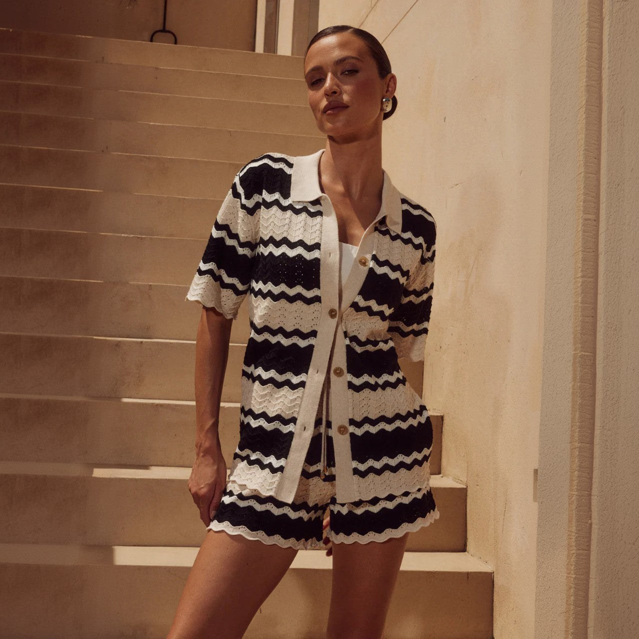 Hollow-out Striped Beach Cover-up Set