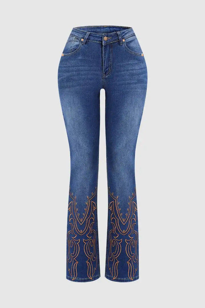 Womens Retro Beaded Embroidered Stretch Denim Jeans