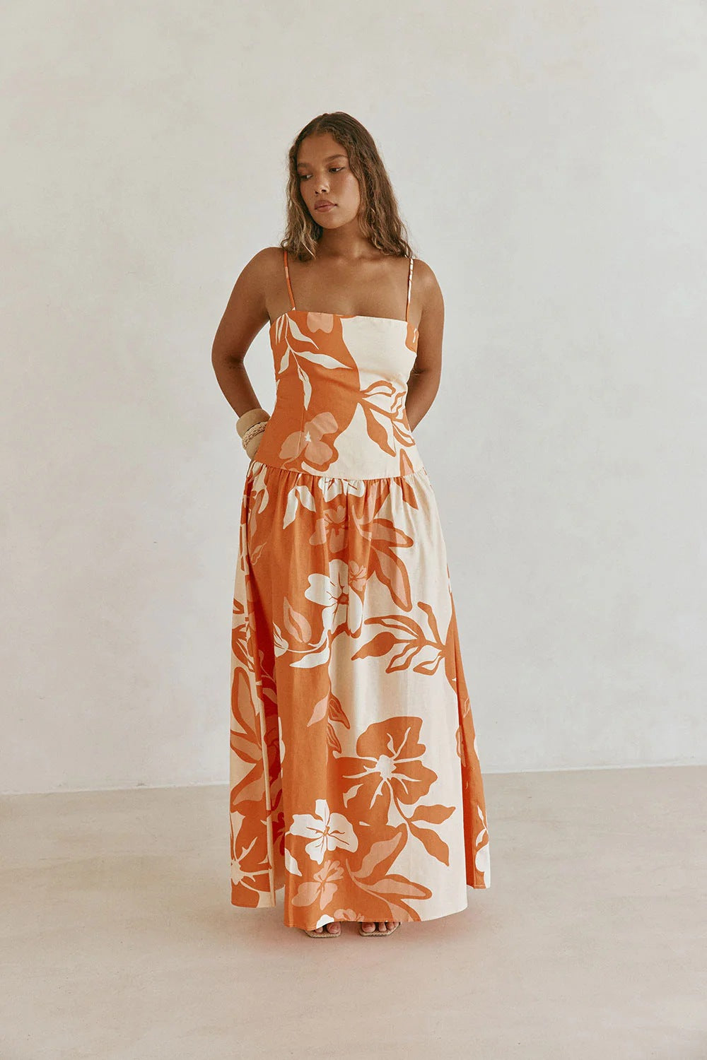 Printed Off-shoulder Slim-fit Strap Dress