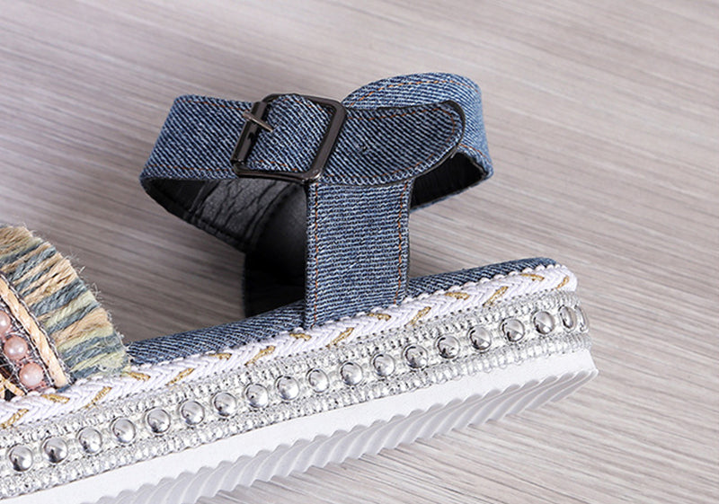 Fashion Tassel Denim Sandals With Thick-soled Flat Heel New Summer Hemp Rope Sole Ethnic Style Shoes For Women