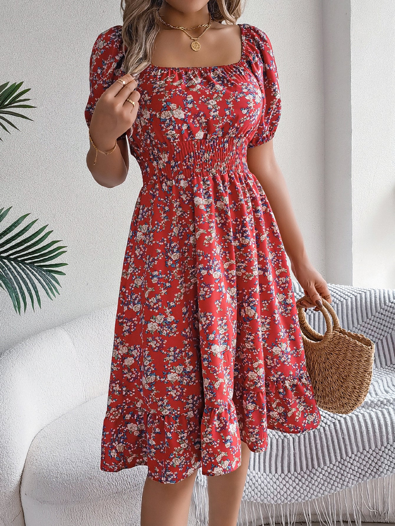 Floral Print Square Collar Dress Summer Fashion Ruffles Dresses Women's Clothing