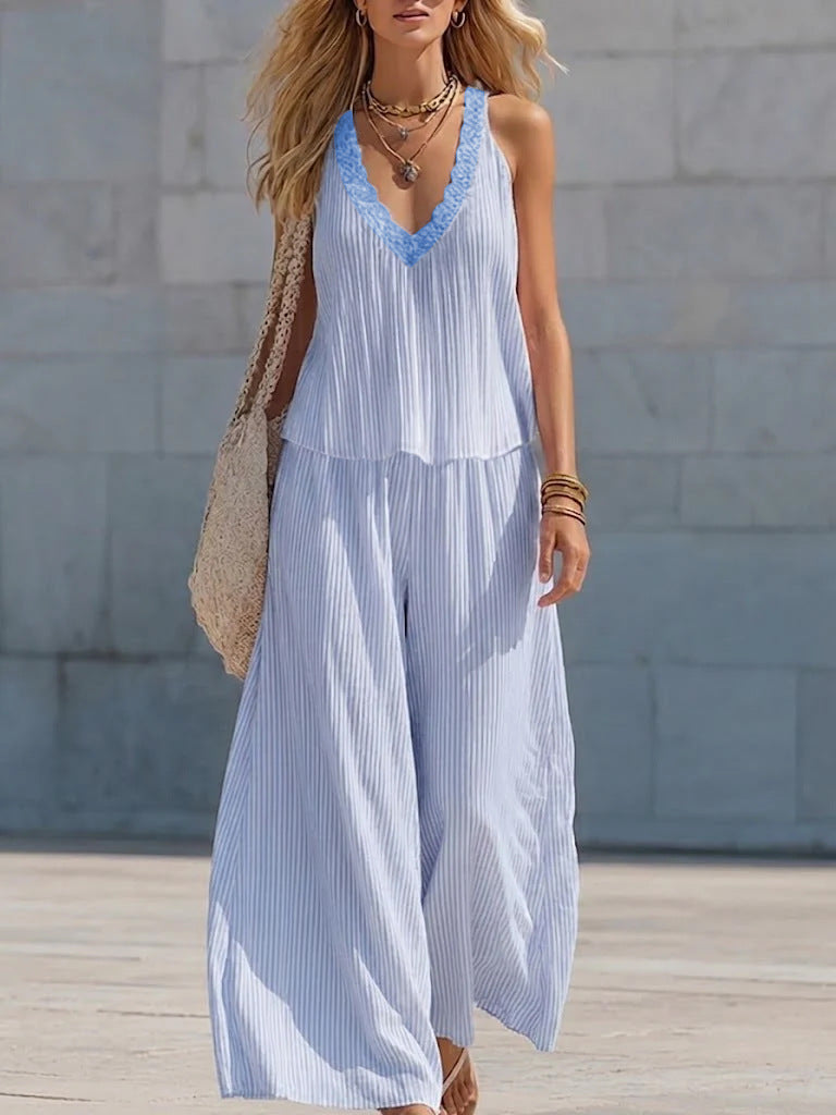 Lace V-neck Pleated Striped Loose-fitting Slimming Wide-leg Pants Set