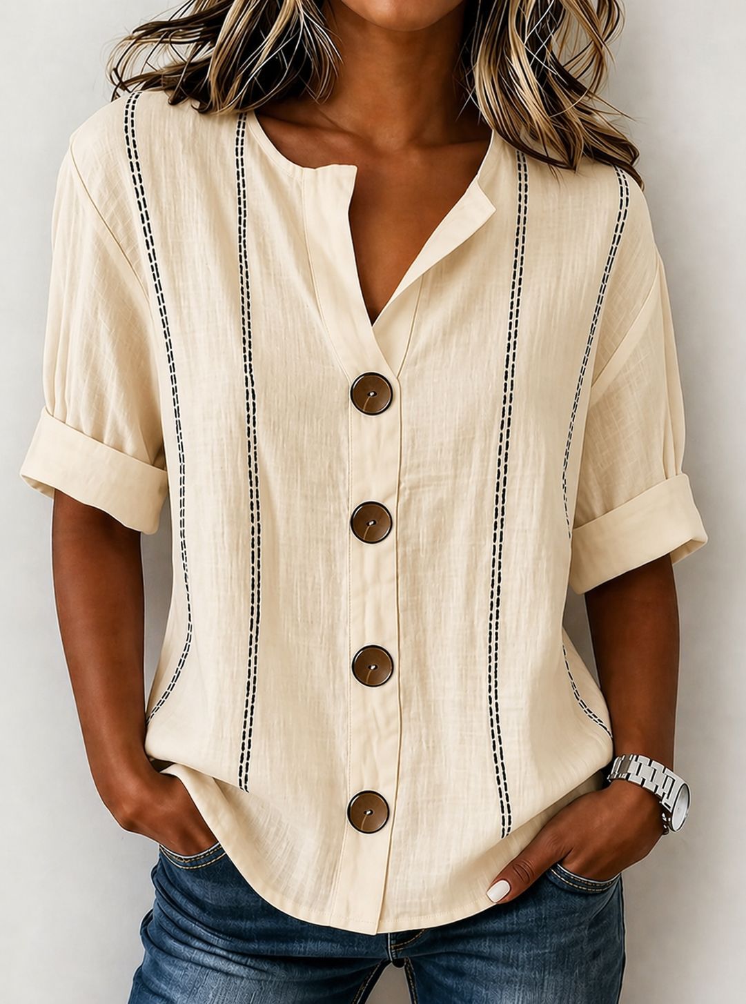 Summer Striped Button-up Blouse For Women
