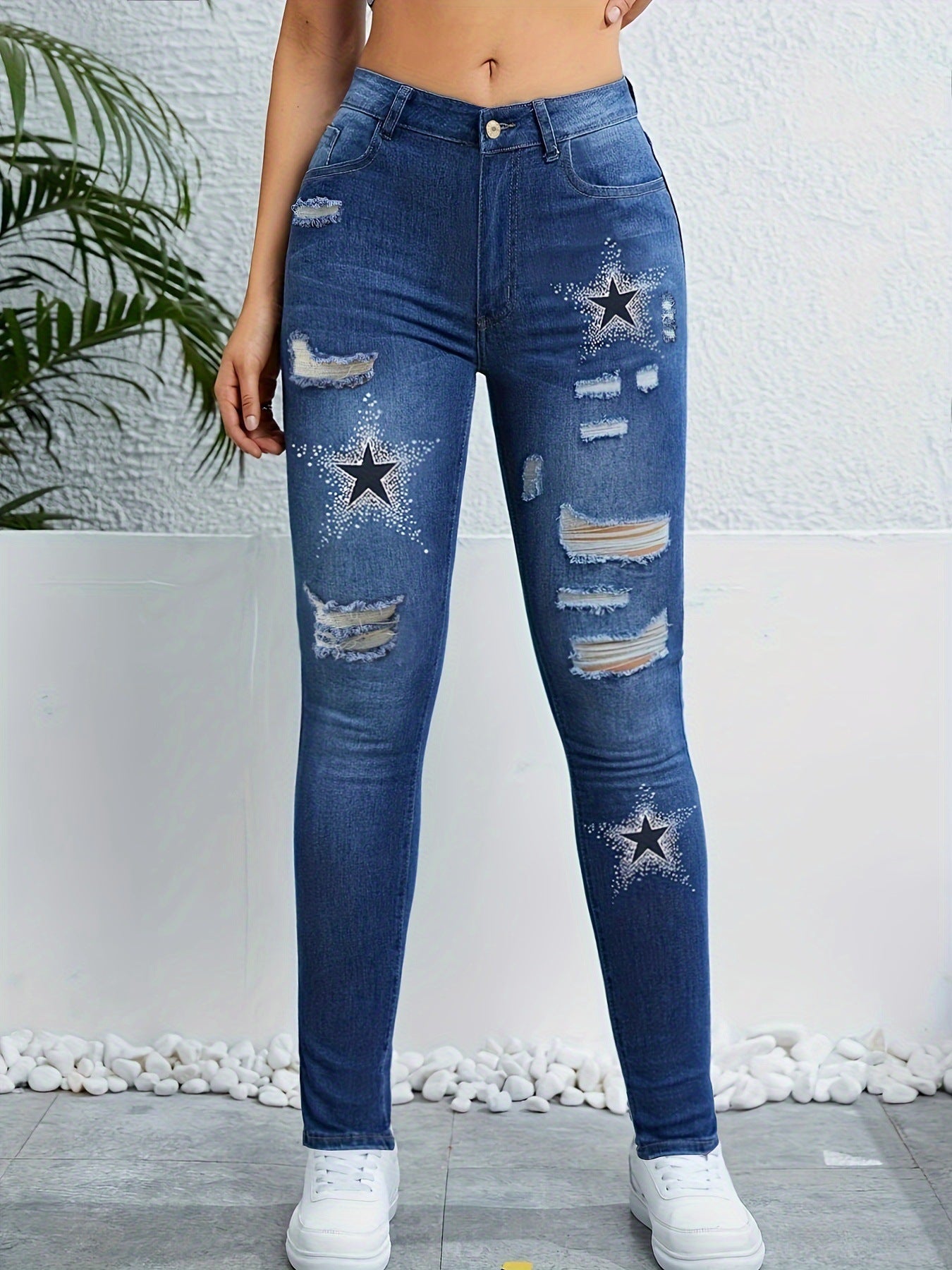 Stylish Ripped Distressed Color-blocked Versatile Star-print Skinny Denim Jeans