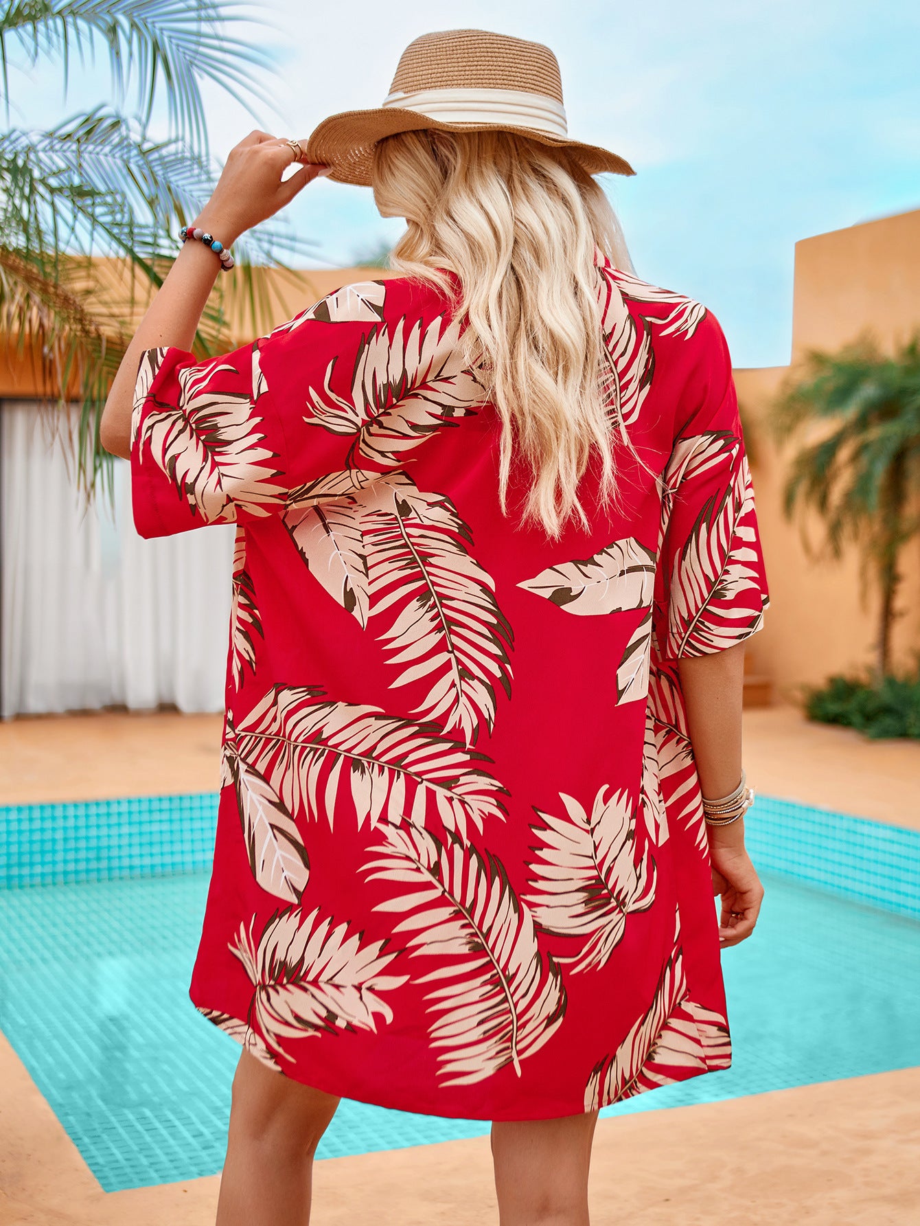 2pcs Casual Holiday Leaves Print Suit Summer Short Sleeve Shirt Top And Drawstring Shorts Sets For Womens Clothing