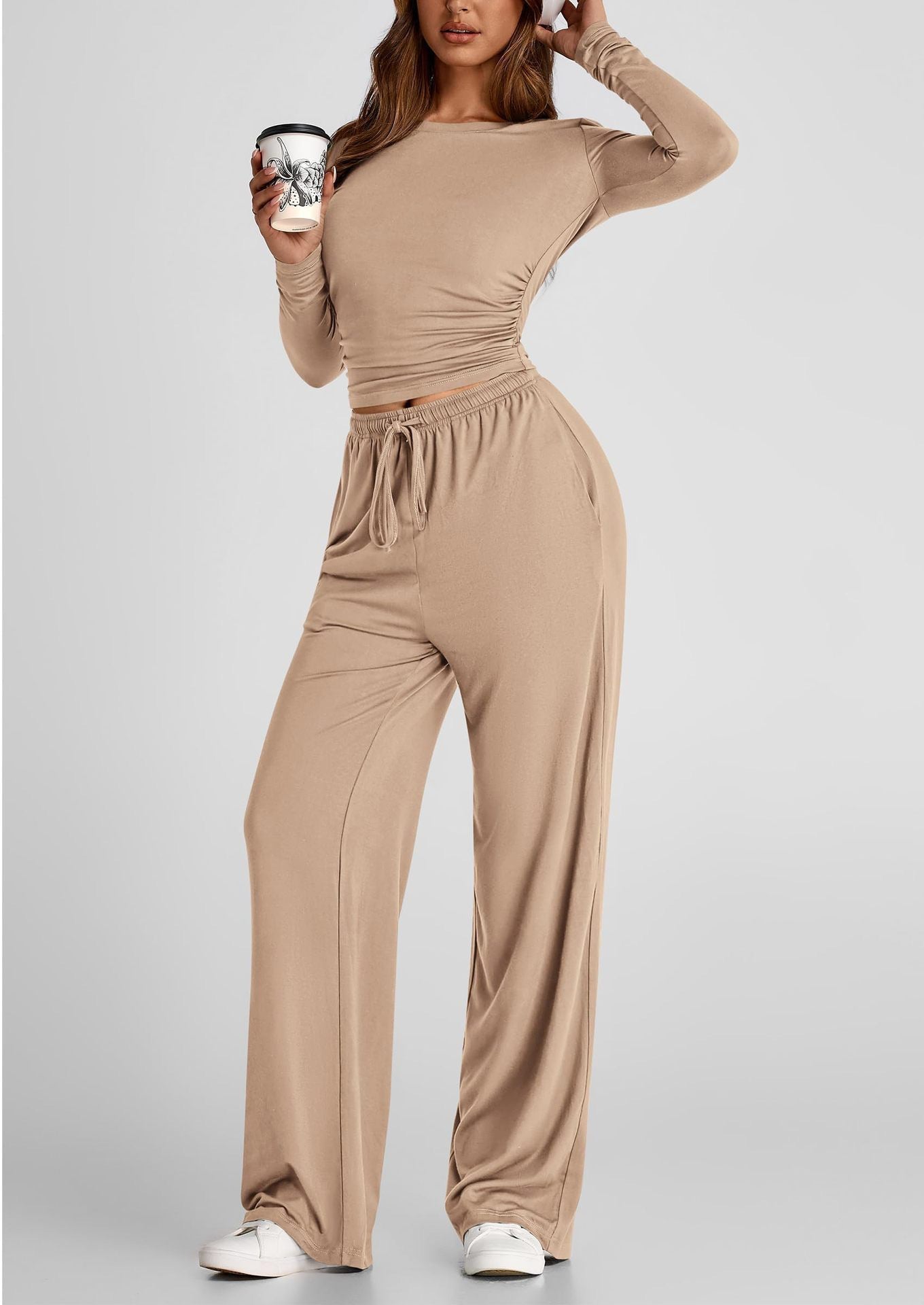 2 Pieces Women's Suit Autumn Winte Long Sleeve Tops High Waisted Wide Leg Pants Sportswear Female Clothes Solid Color Casual Suit