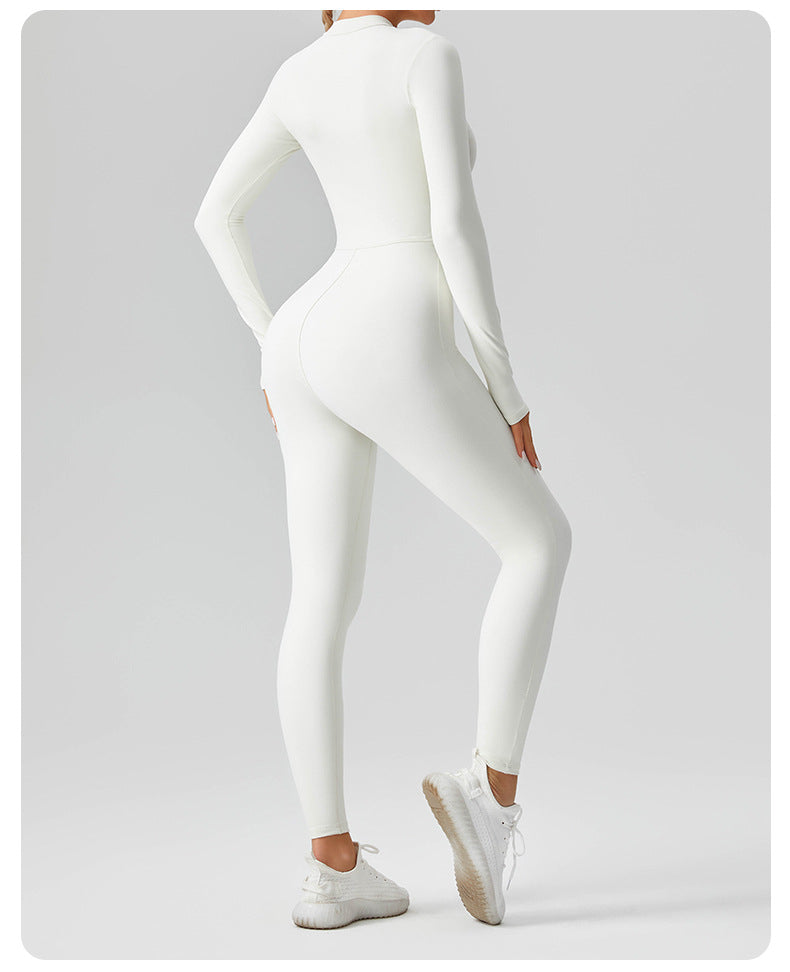 Women's Solid Color Casual Half Long-sleeve Zipper Jumpsuit