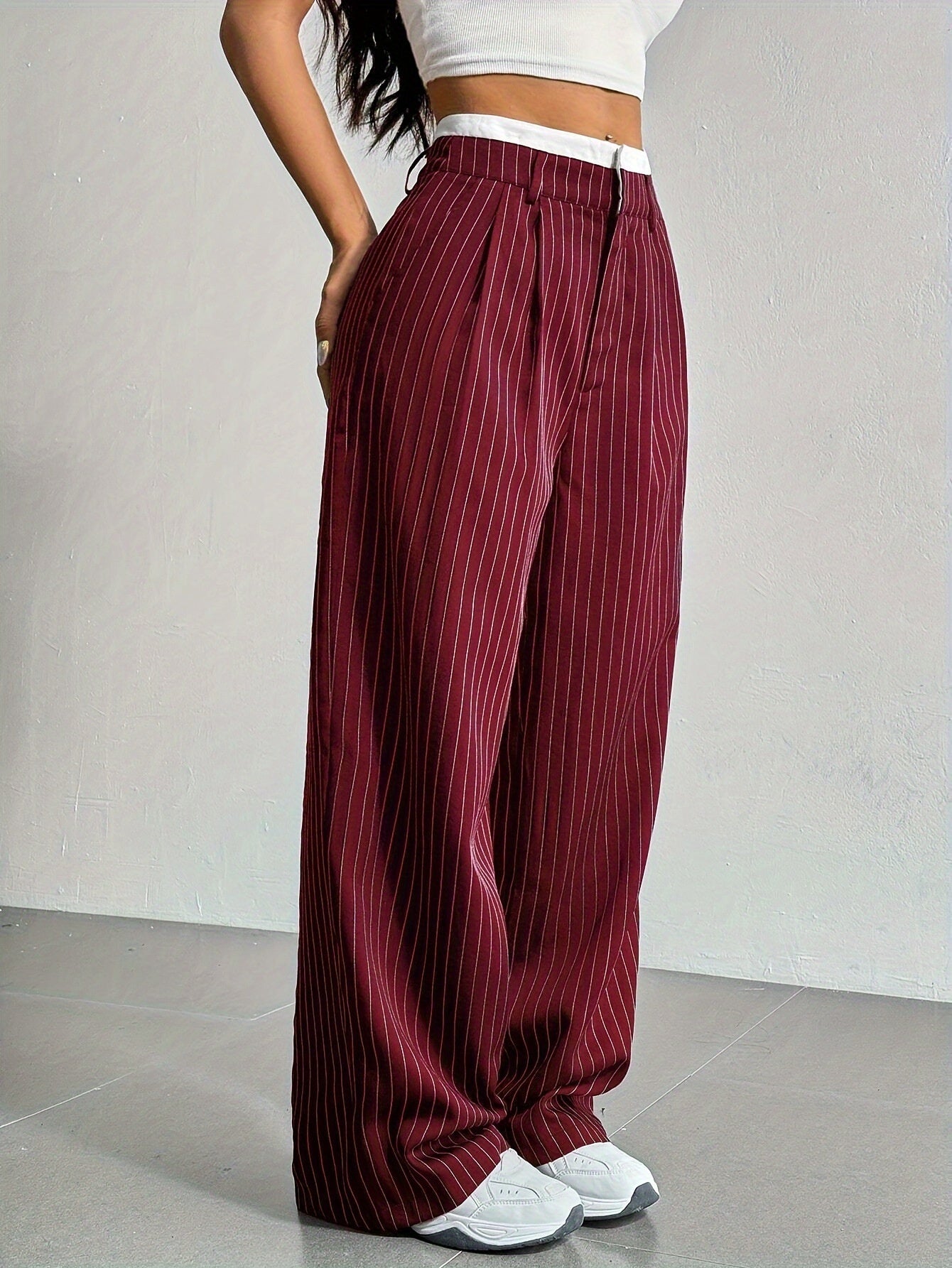 Stripe Printed Trousers Fashion High Waist Straight Leg Pants With Pocket Zipper Casual Suit Pants For Women