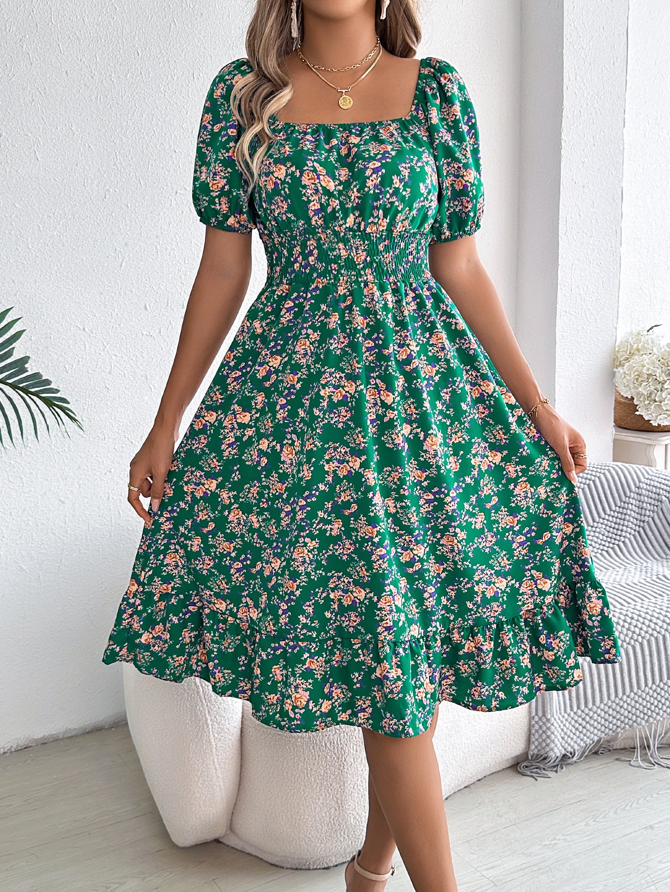 Floral Print Square Collar Dress Summer Fashion Ruffles Dresses Women's Clothing