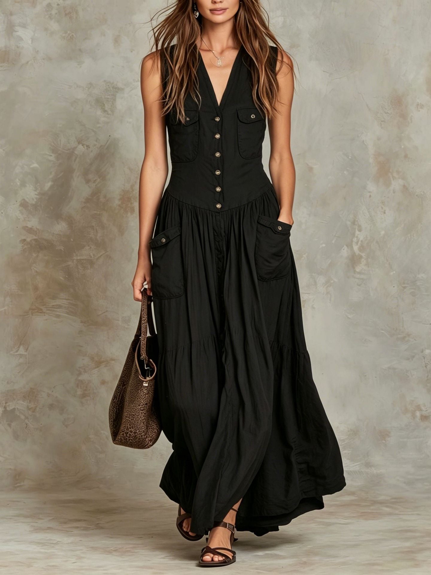 Relaxed-fit Sleeveless Casual V-neck Vintage Dress With Buttons