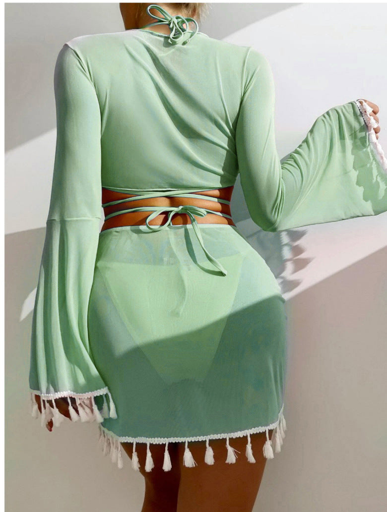 4pcs Solid Color Bikini With Short Skirt And Long Sleeve Cover-up Fashion Bow Tie Fringed Swimsuit Set Summer Beach Womens Clothing