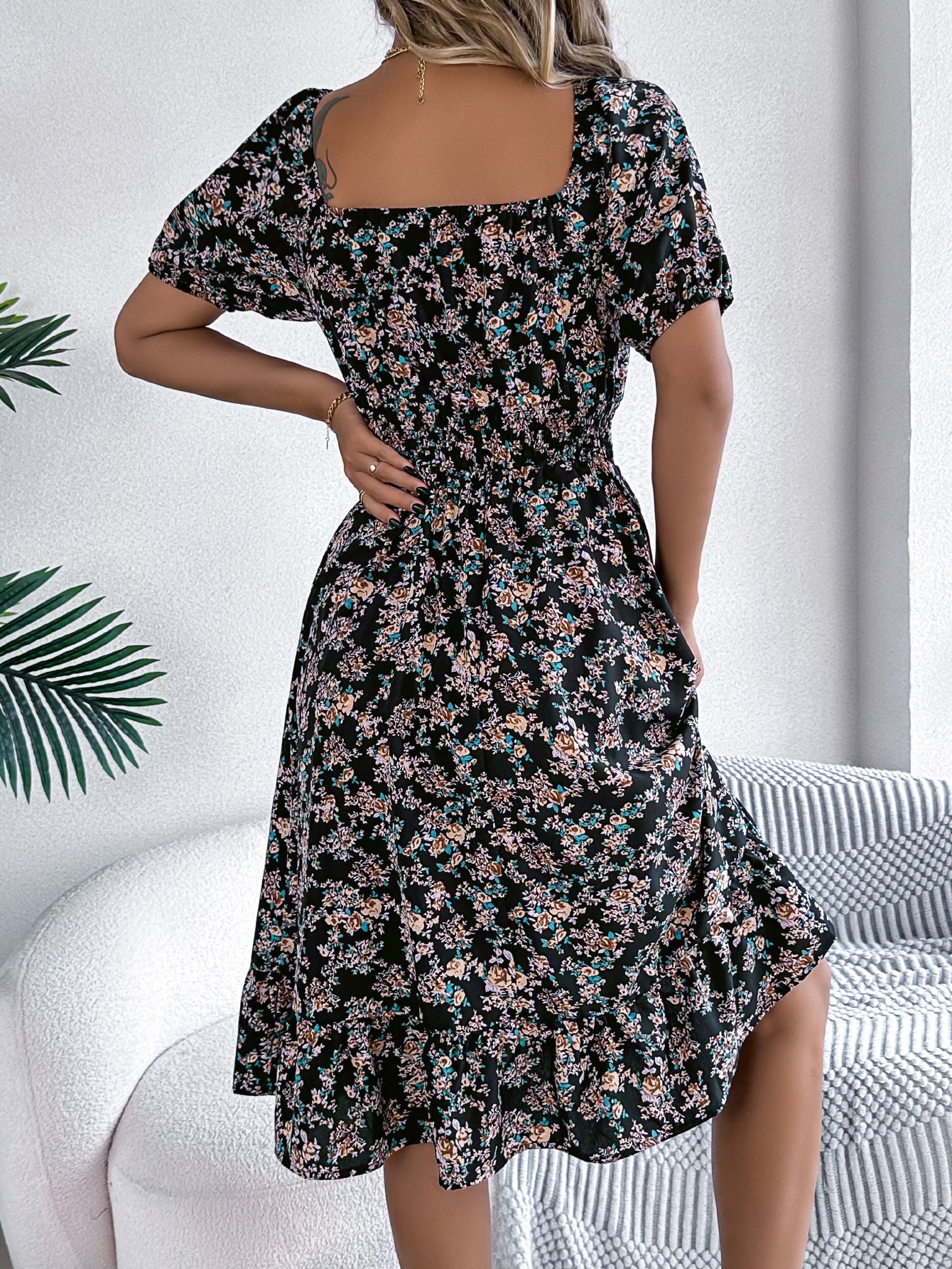 Floral Print Square Collar Dress Summer Fashion Ruffles Dresses Women's Clothing