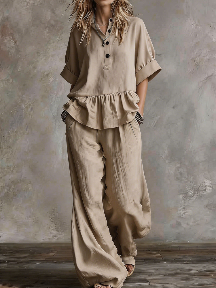 Womens Casual V-Neck Pullover Short-Sleeve Pants Set