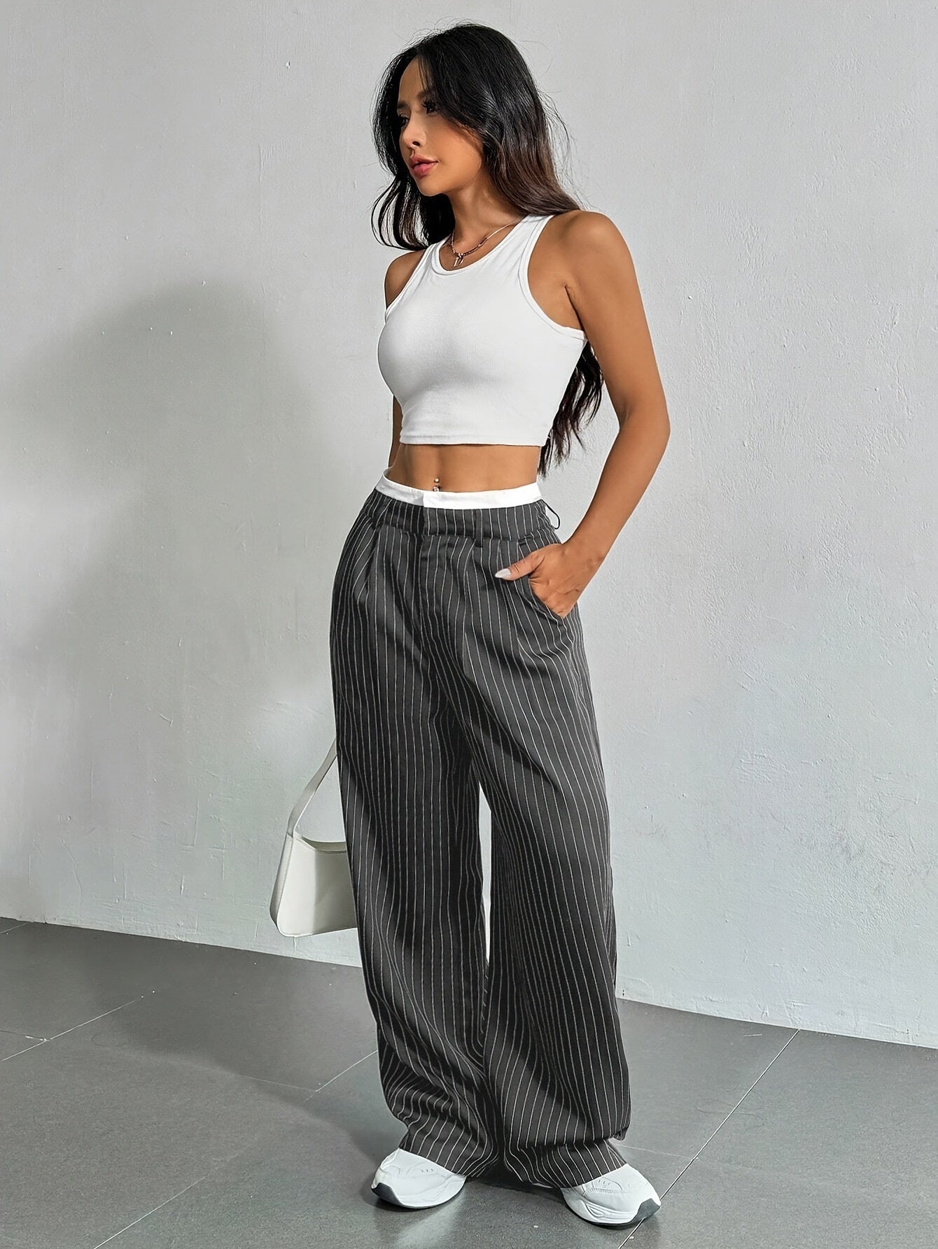 Stripe Printed Trousers Fashion High Waist Straight Leg Pants With Pocket Zipper Casual Suit Pants For Women