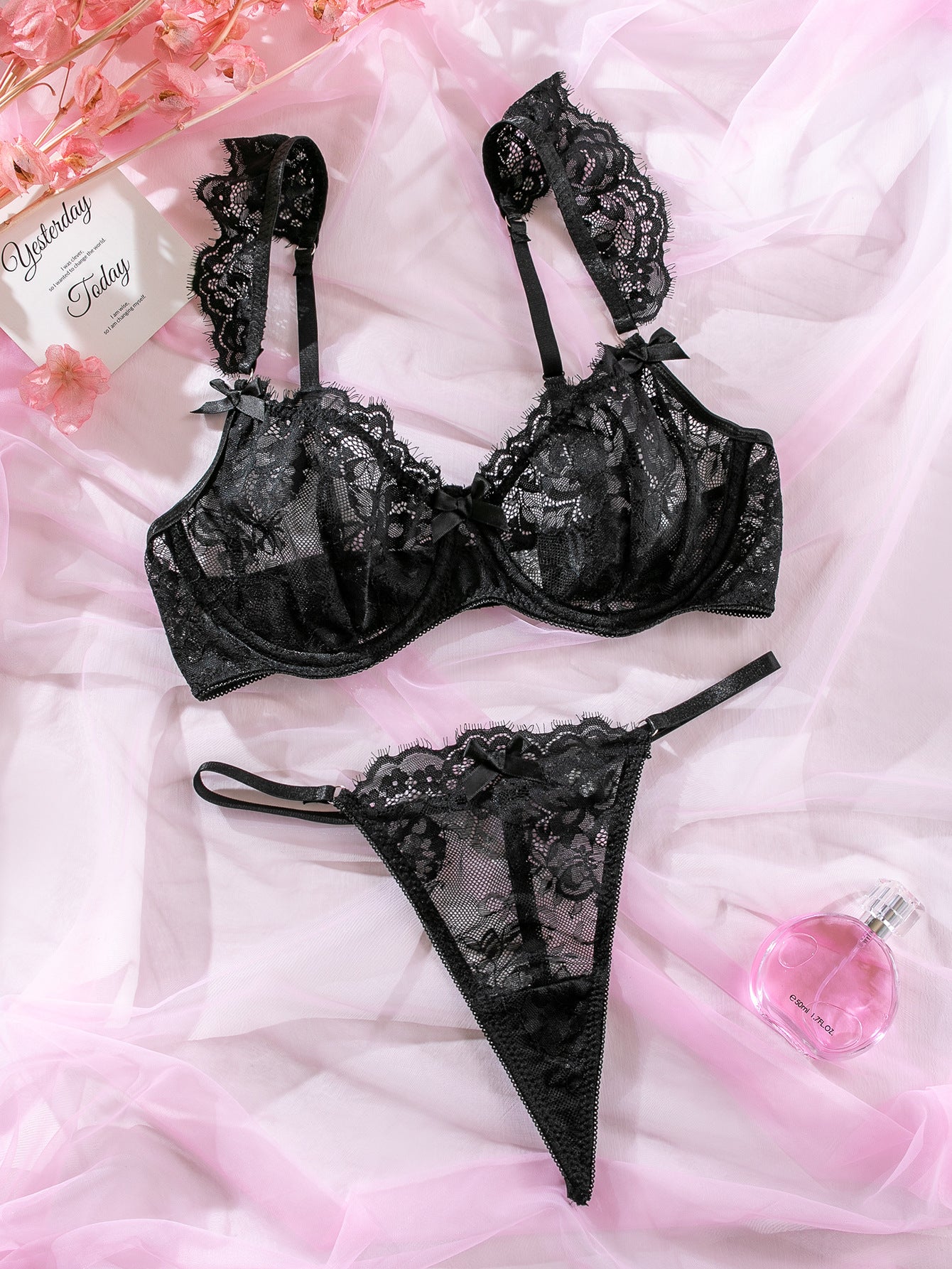 Lace Ruffle-Cuffed Sleeve Bow-Trim Sexy Lingerie Set For Women