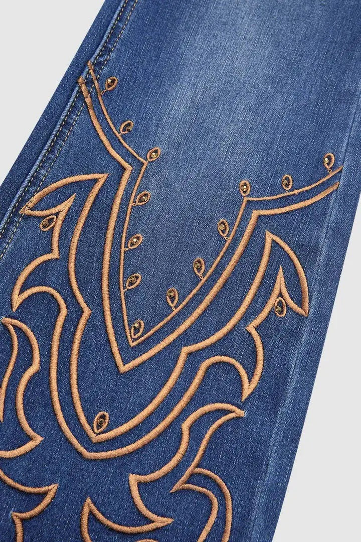 Womens Retro Beaded Embroidered Stretch Denim Jeans
