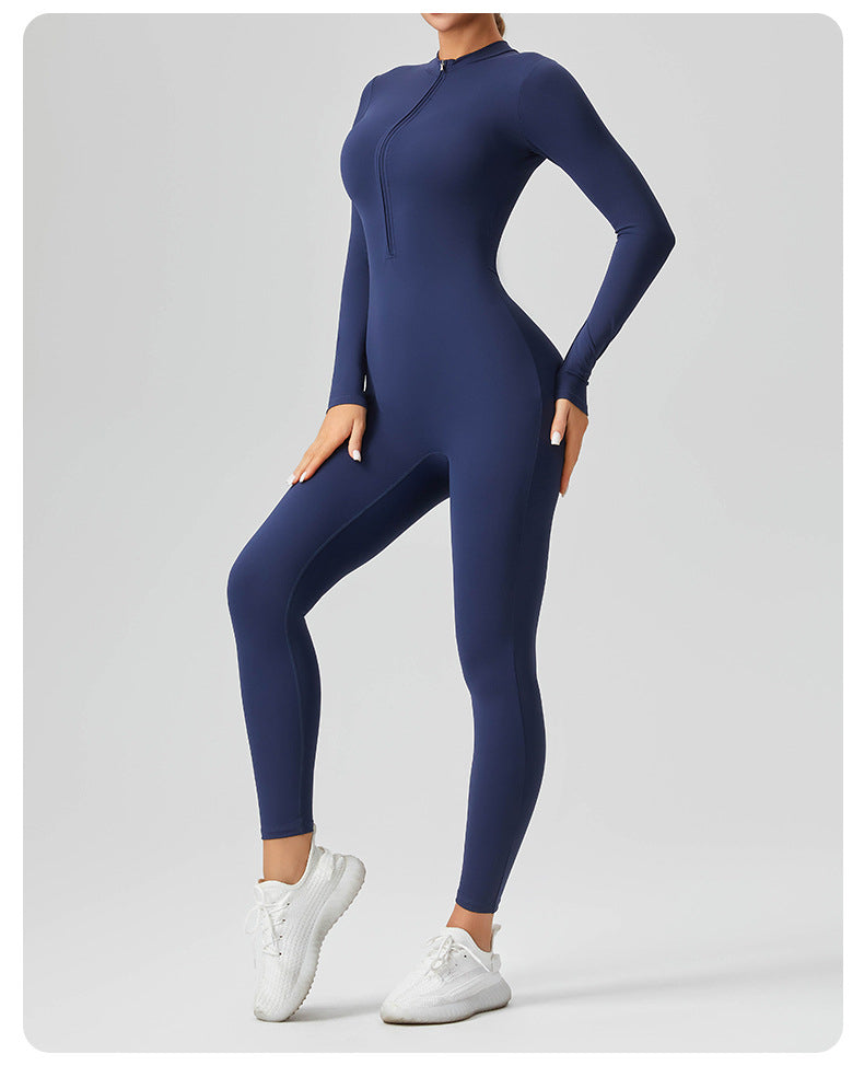 Women's Solid Color Casual Half Long-sleeve Zipper Jumpsuit