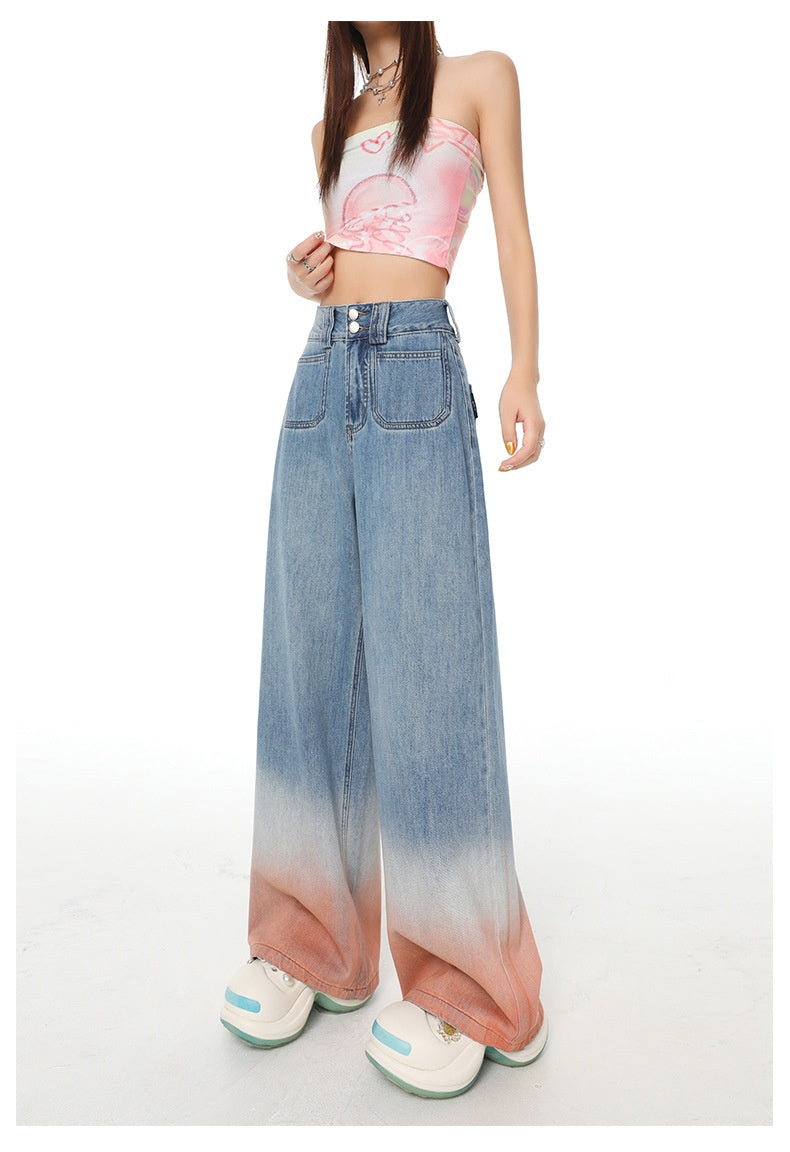 Gradient Color High Waist Wide Leg Jeans For Women Loose-fitting Mopping Pants