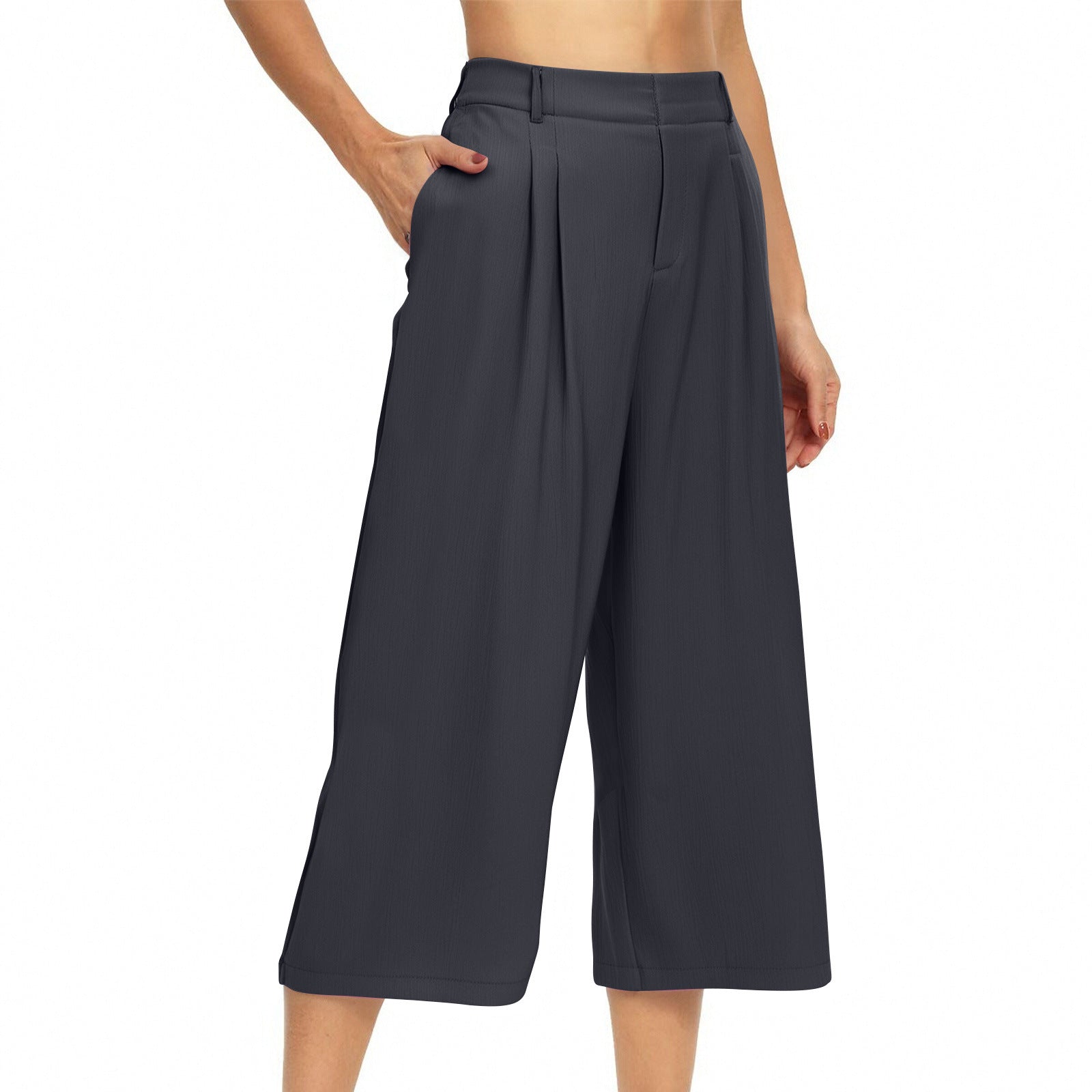 Womens Summer Solid-Color Casual High-Waisted Wide-Leg Cropped Trousers With Side Pockets