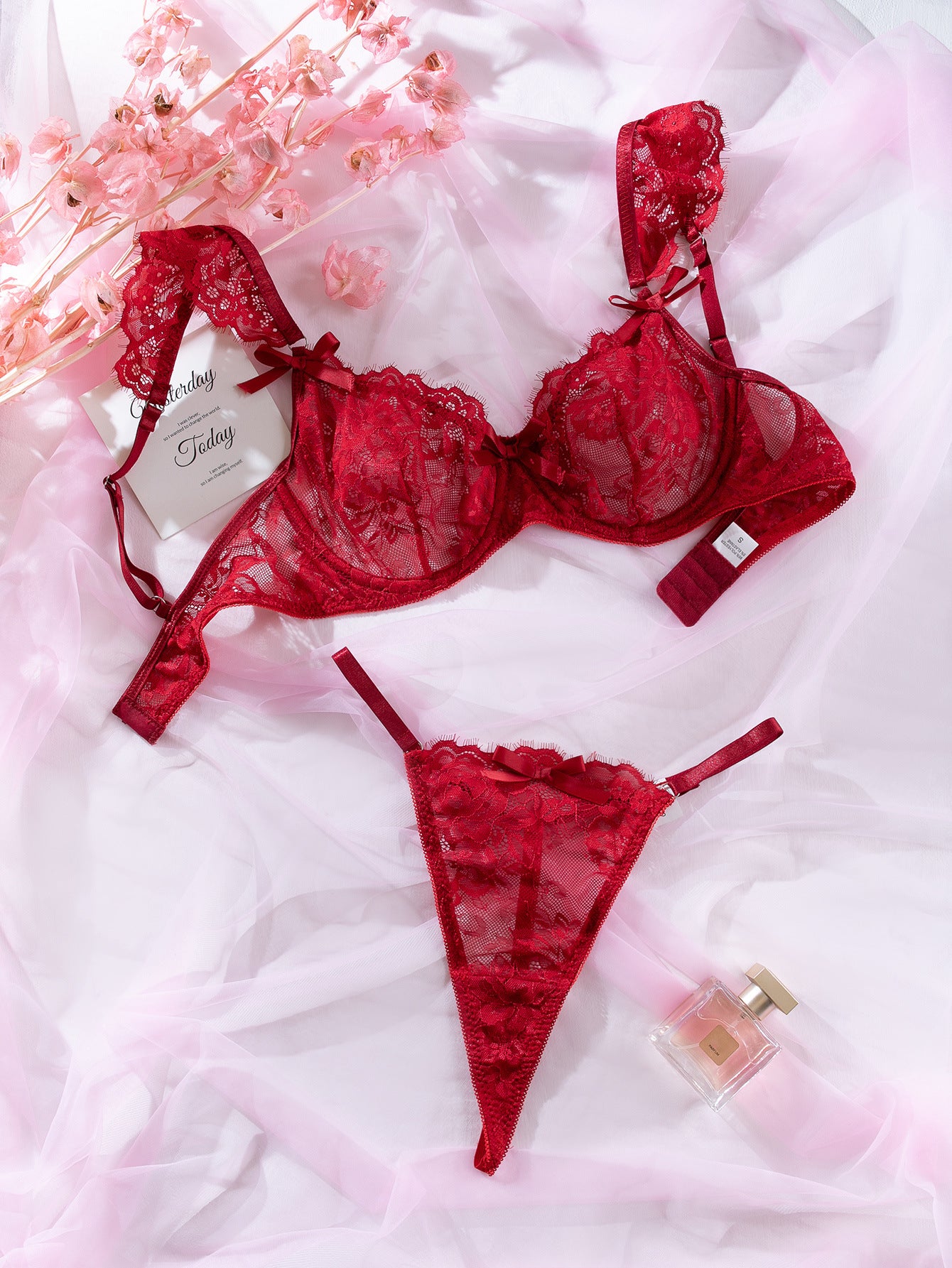 Lace Ruffle-Cuffed Sleeve Bow-Trim Sexy Lingerie Set For Women