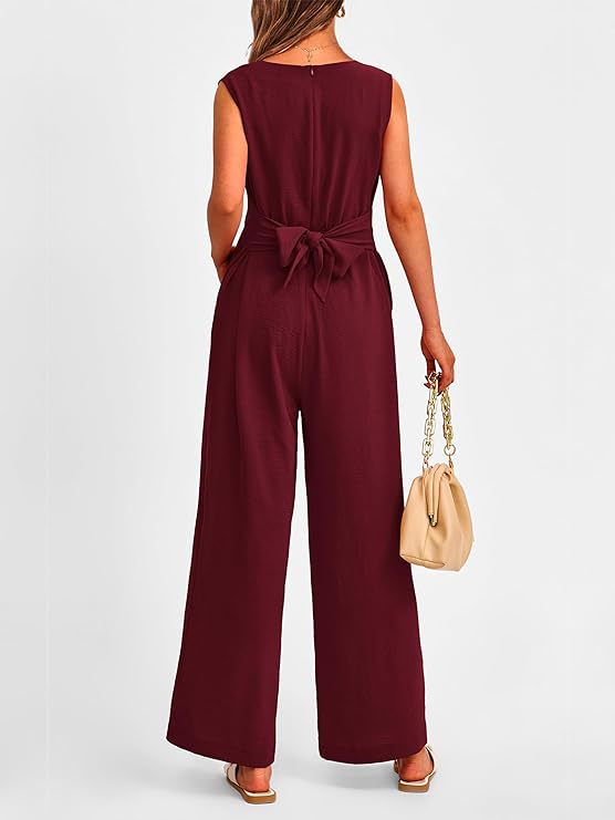 New V-neck Sleeveless Long Jumpsuit With Pockets And Lace-up Design Wide-leg Straight Trousers Summer Womens Clothing