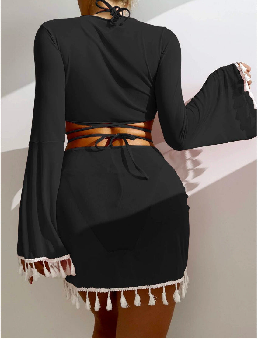 4pcs Solid Color Bikini With Short Skirt And Long Sleeve Cover-up Fashion Bow Tie Fringed Swimsuit Set Summer Beach Womens Clothing