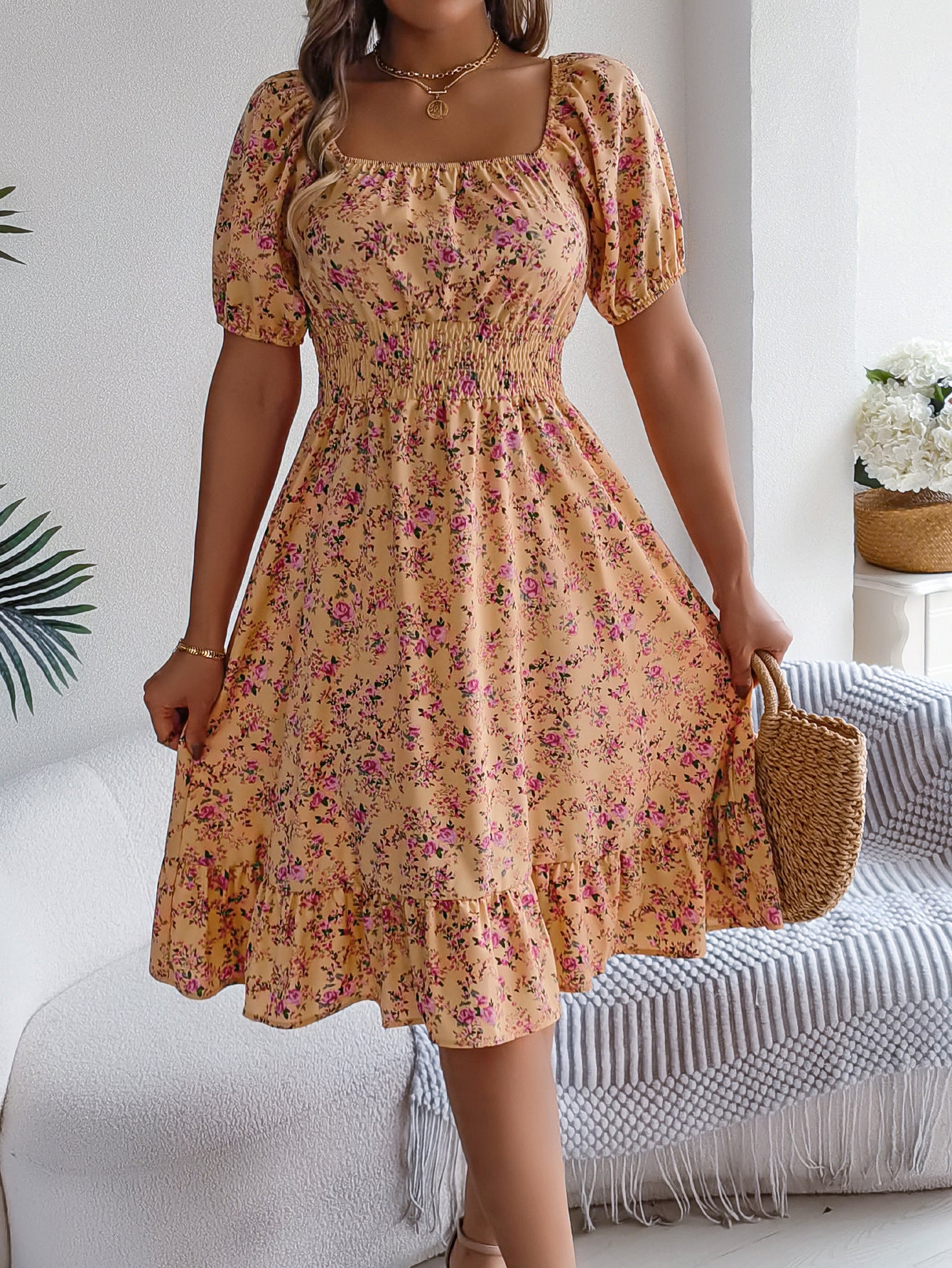 Floral Print Square Collar Dress Summer Fashion Ruffles Dresses Women's Clothing