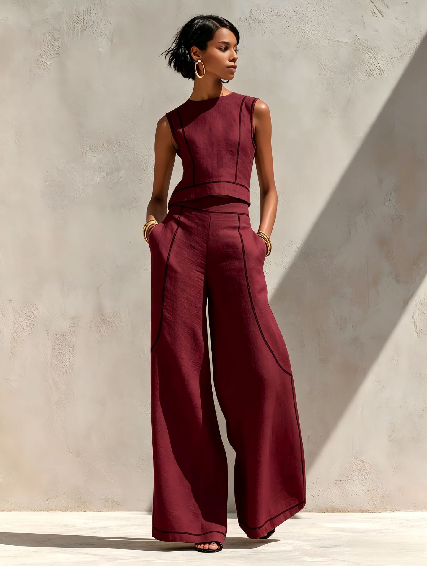 Sleeveless Color-Block Wide-Leg Pants Set Womens Summer Casual Chic Two-Piece Outfit